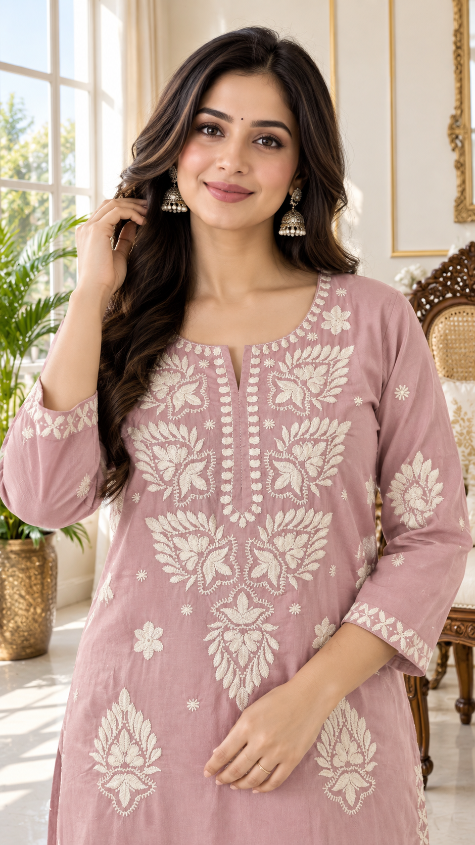 Nude Pink Thread Embroidered Cotton kurta pant dupatta set for women - image 2