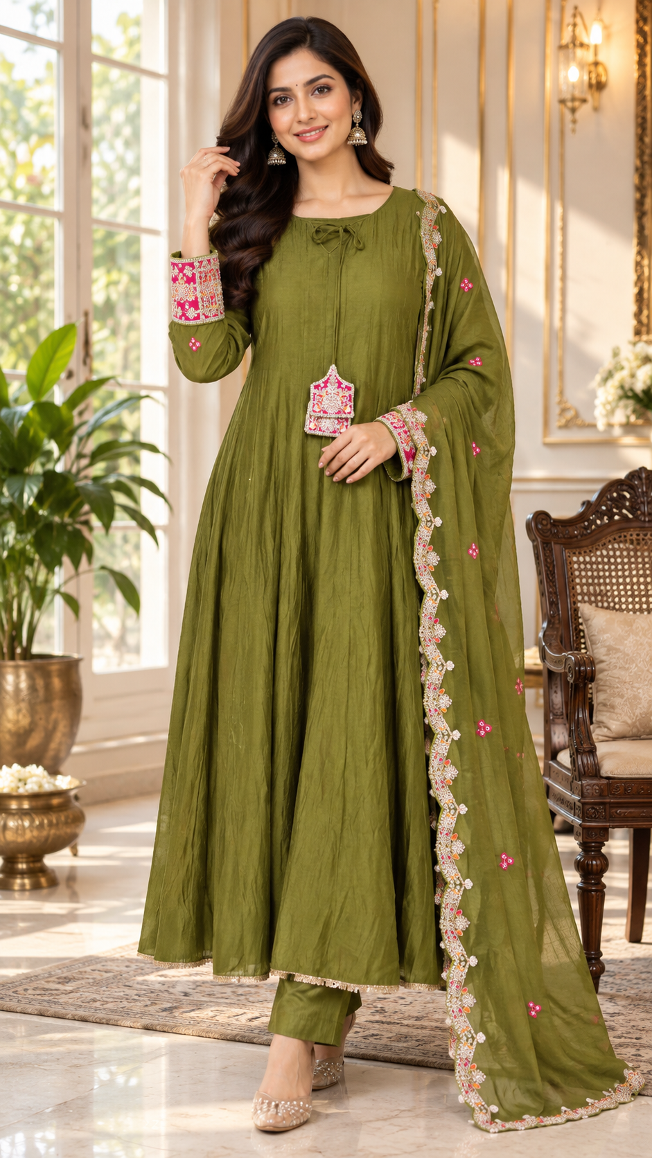 Green Cotton kurta pant dupatta set for women - image 2