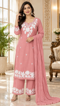 Pink Embroidered Cotton kurta pant dupatta set for women - image 1