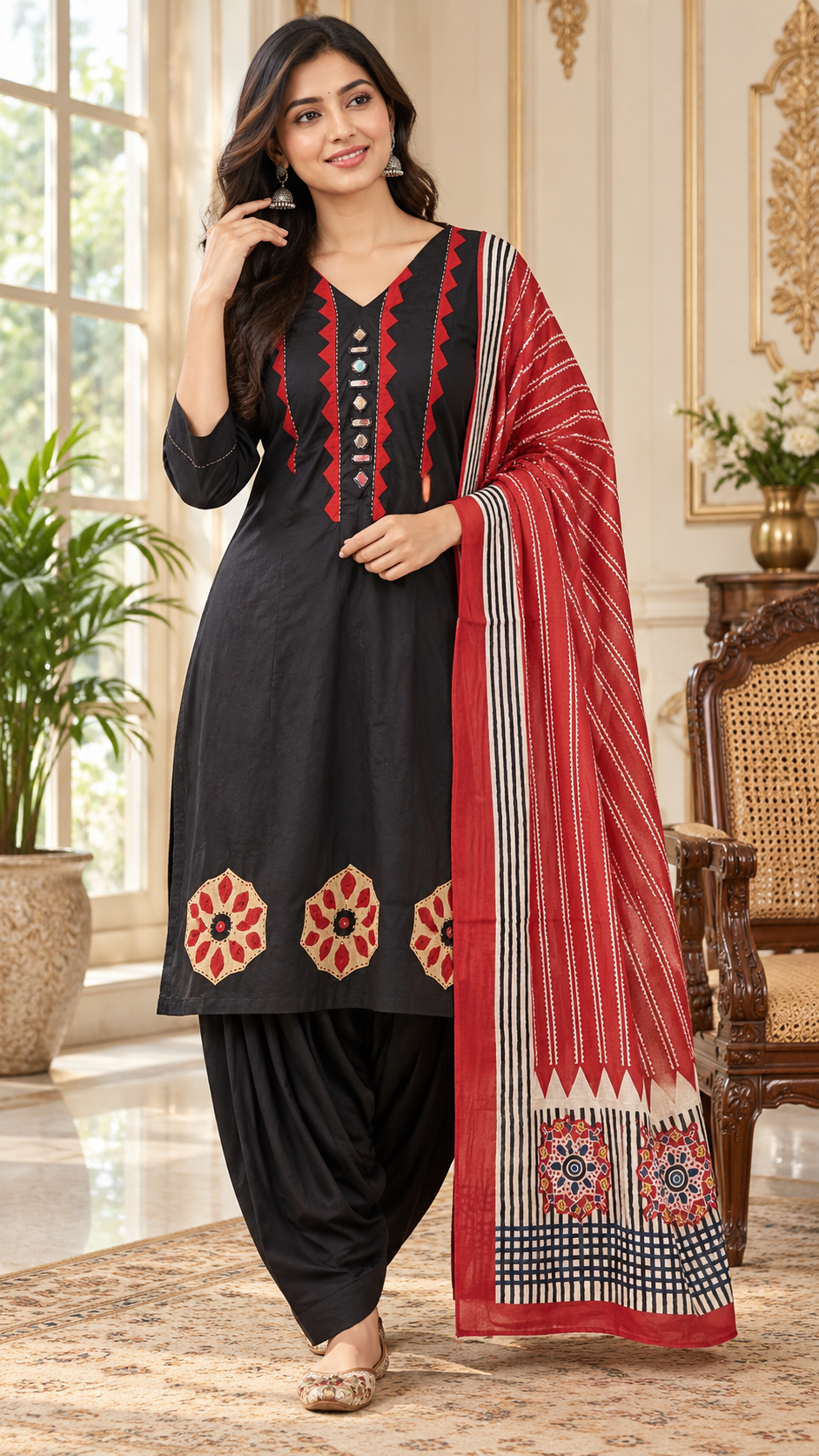 Black Mirror Work Cotton kurta pant dupatta set for women - image 2