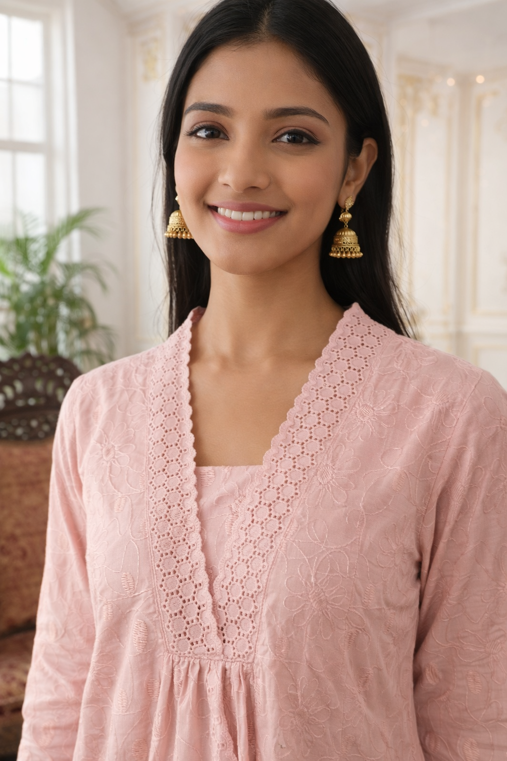 Women Pink Thread Embroidered Cotton Kurta Pant Set