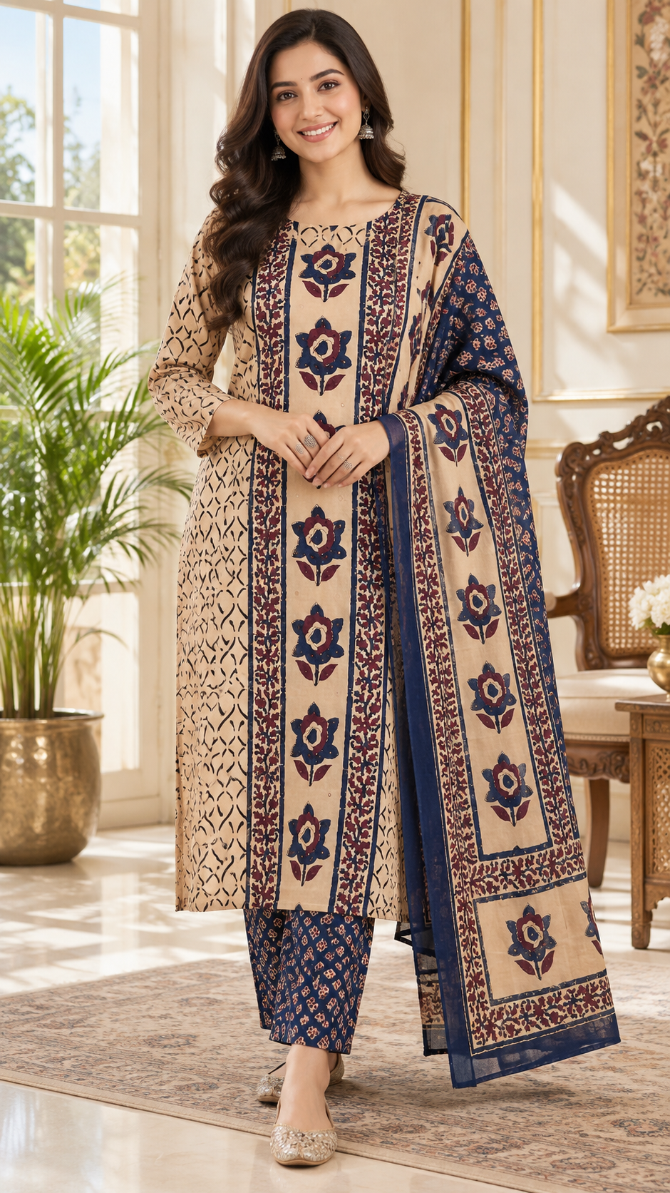 Beige Printed Cotton kurta pant dupatta set for women - image 1