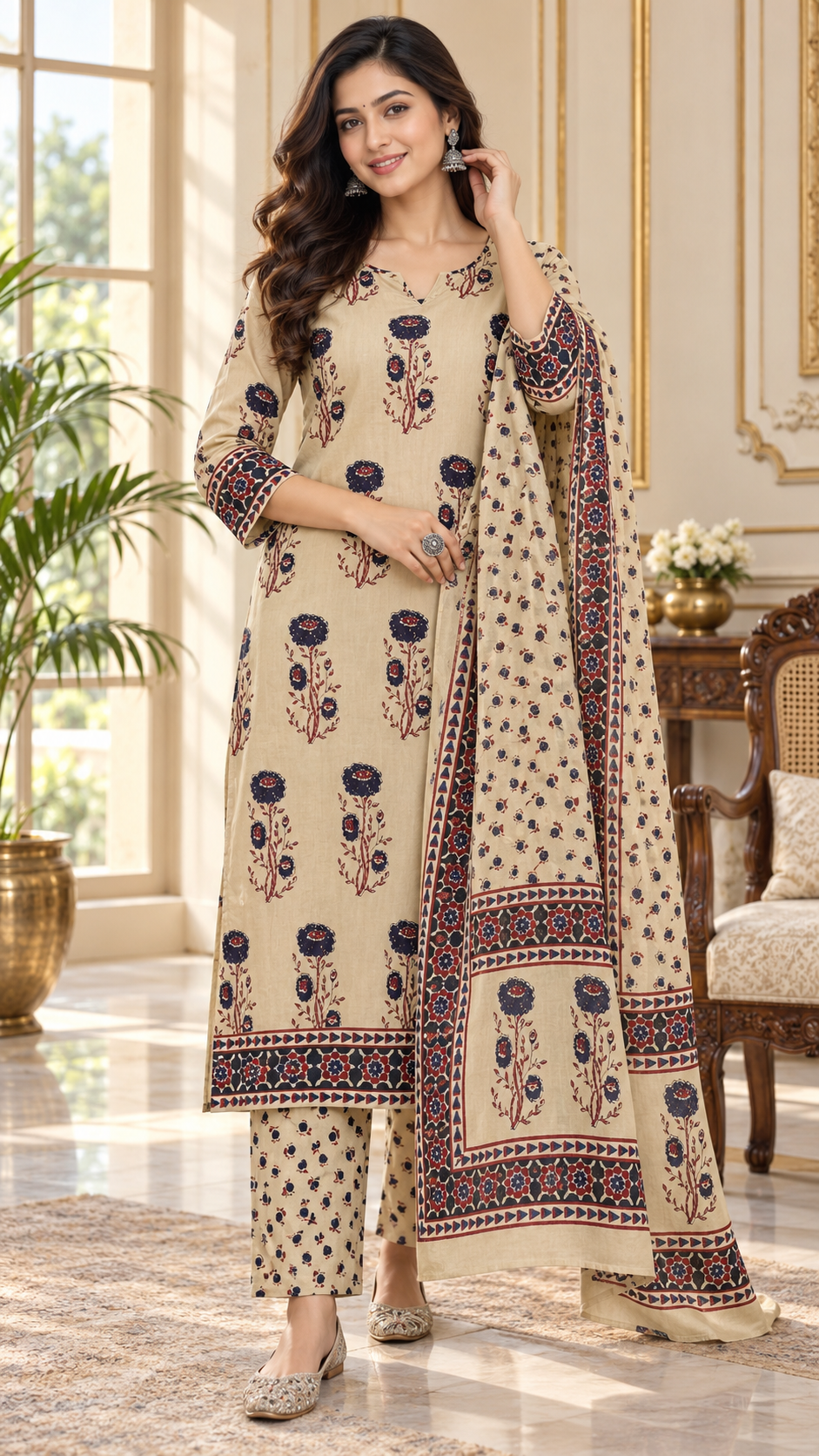 Beige Floral Printed Cotton kurta pant dupatta set for women - image 2