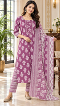 Purple Printed Cotton kurta pant dupatta set for women - image 1