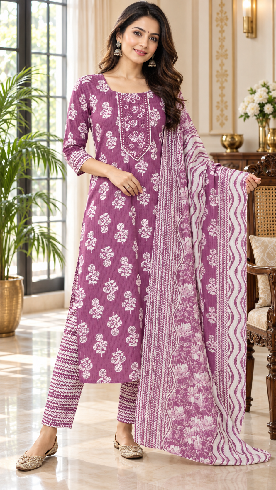 Purple Printed Cotton kurta pant dupatta set for women - image 1