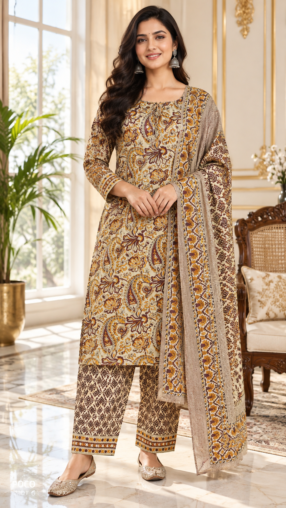 Beige Printed Cotton kurta pant dupatta set for women - image 2