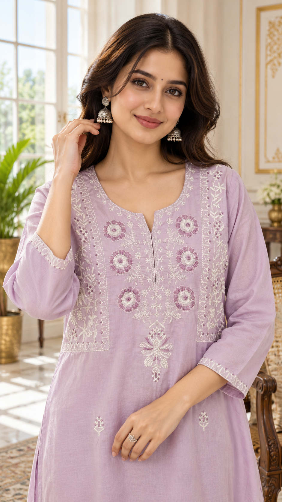 Lavender Embroidered Cotton kurta pant dupatta set for women - image 2
