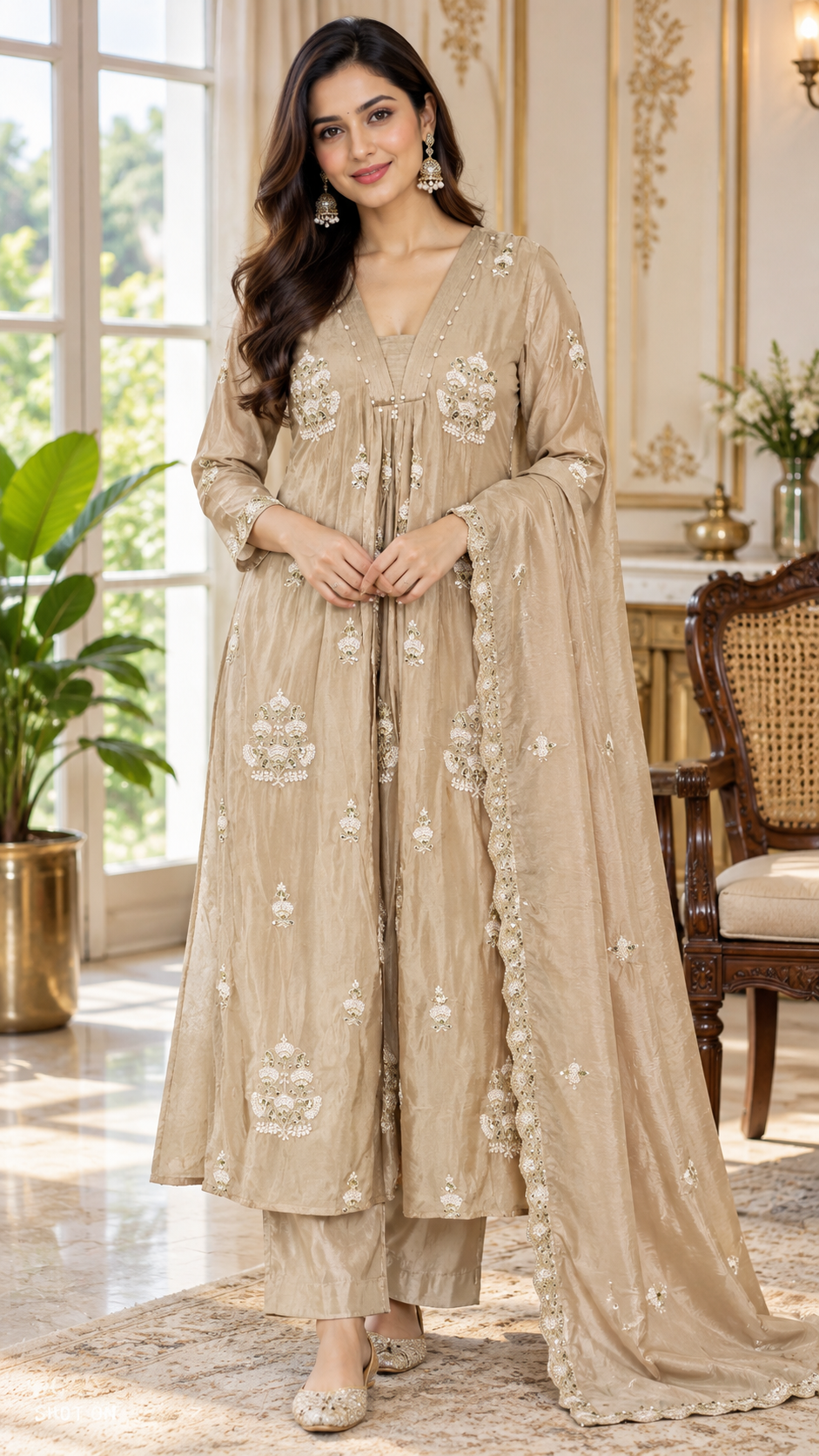 Cream Hand Embroidered Chinon kurta pant dupatta set for women - image 2