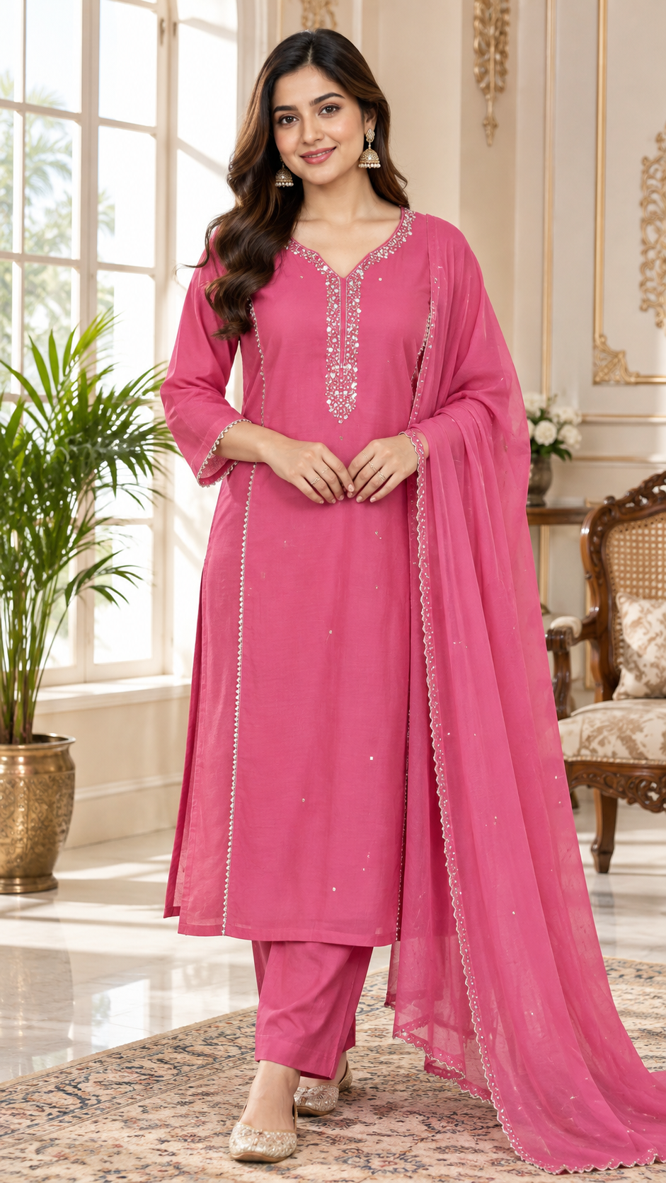 Pink Embroidered Cotton kurta pant dupatta set for women - image 2