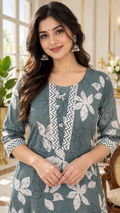 Gray Printed Cotton kurta pant dupatta set for women - image 1