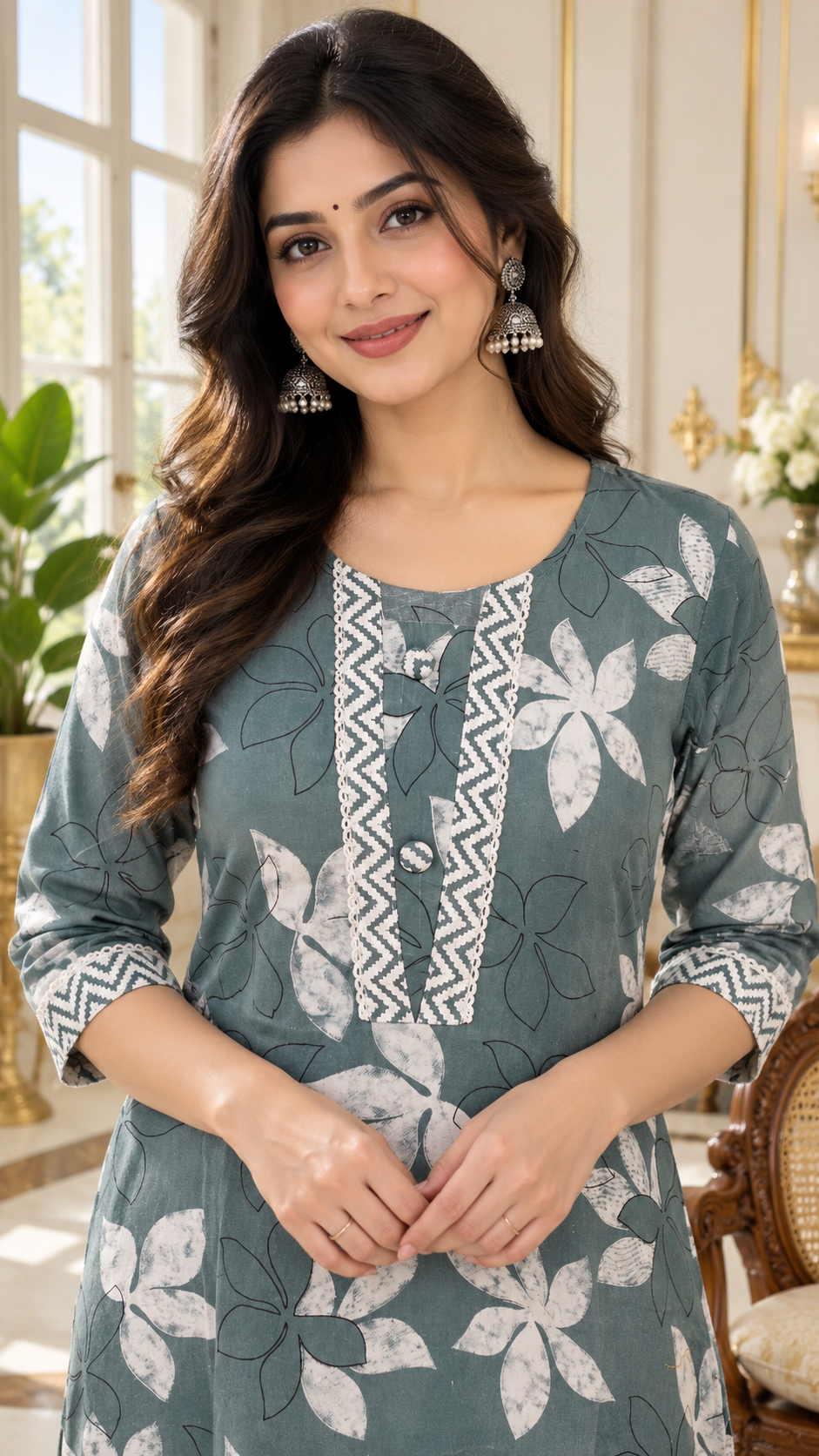 Gray Printed Cotton kurta pant dupatta set for women - image 1