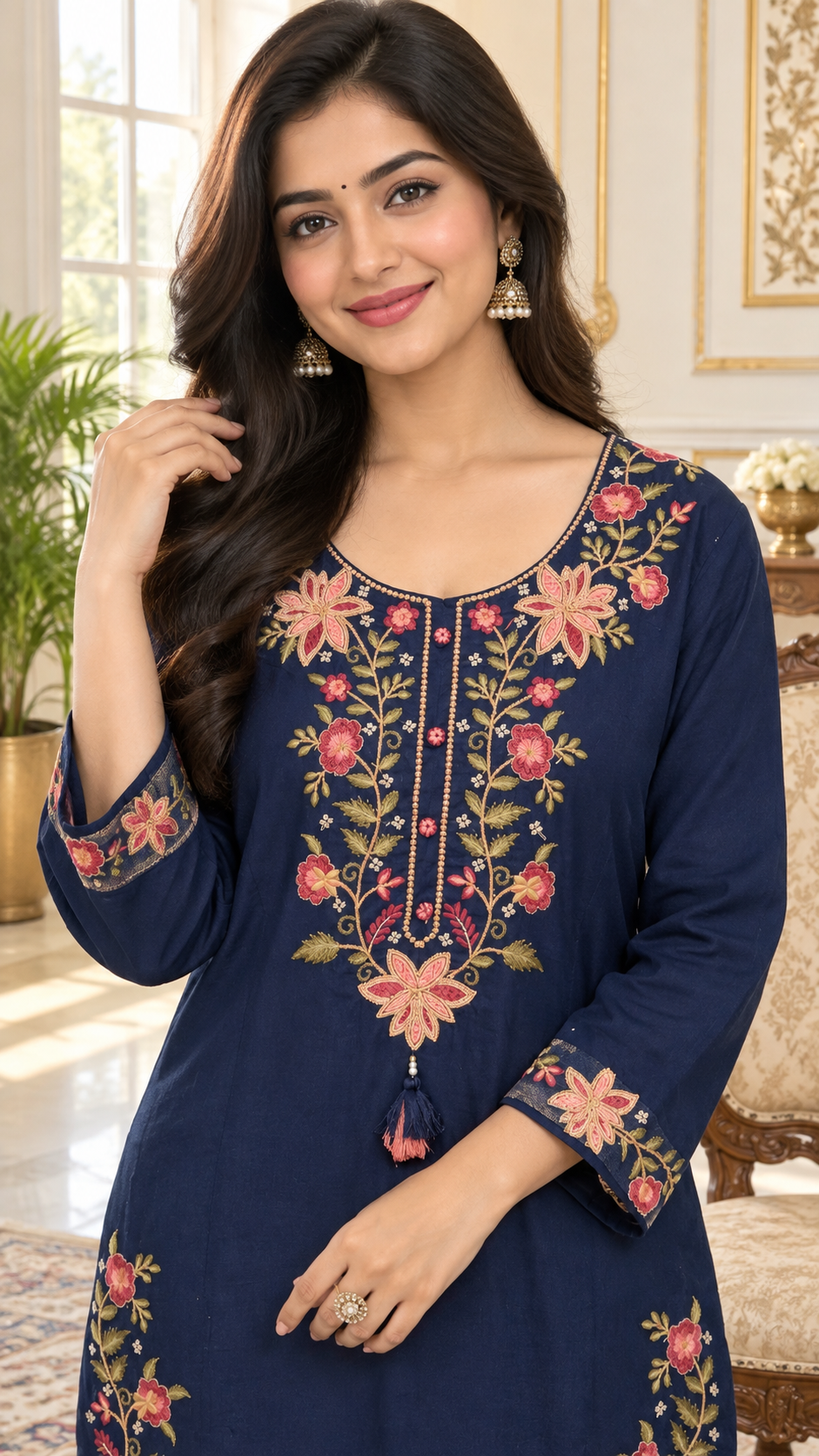Blue Embroidered Cotton kurta pant dupatta set for women - image 2