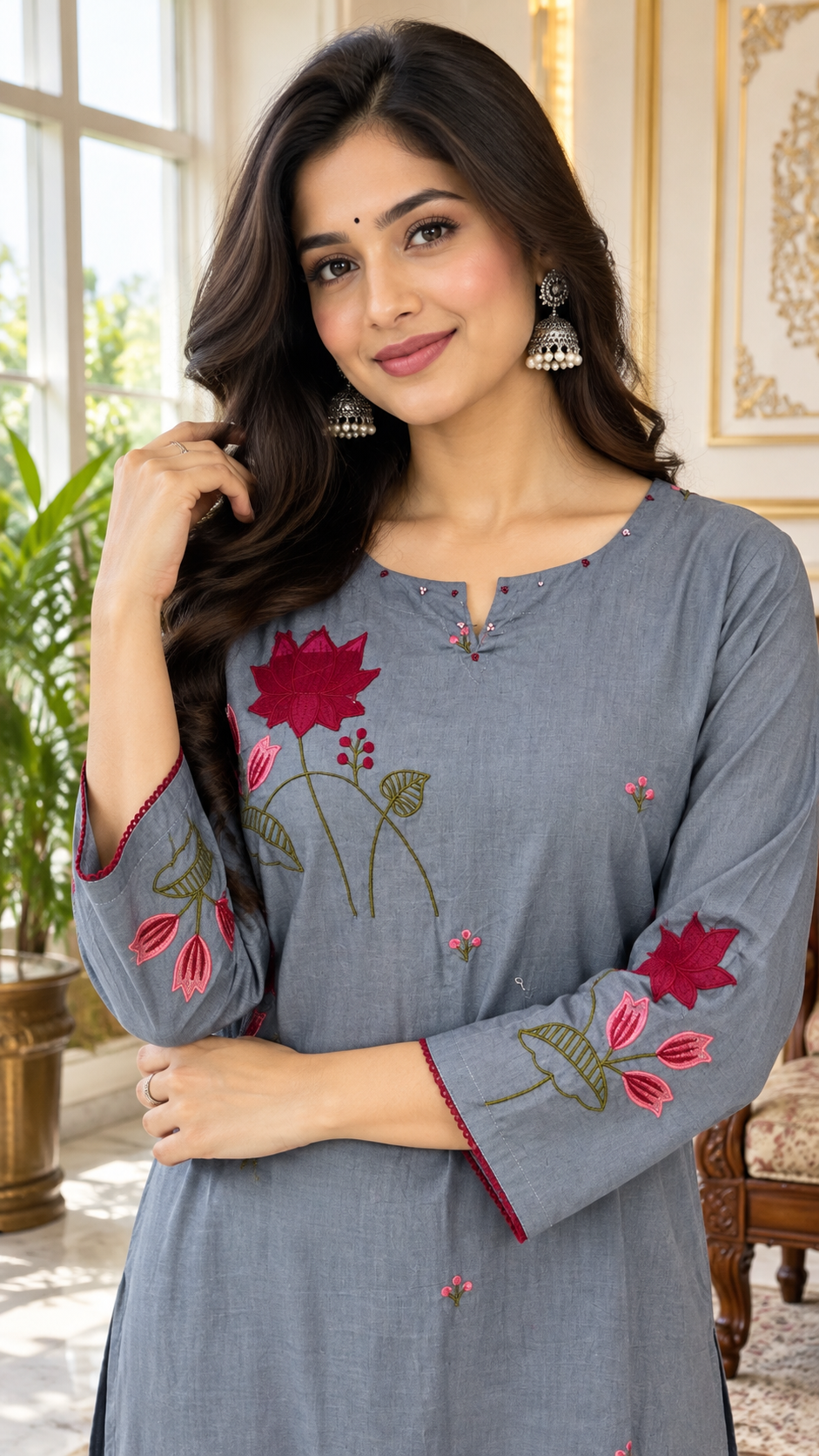 Gray Embroidered Cotton kurta pant dupatta set for women - image 2