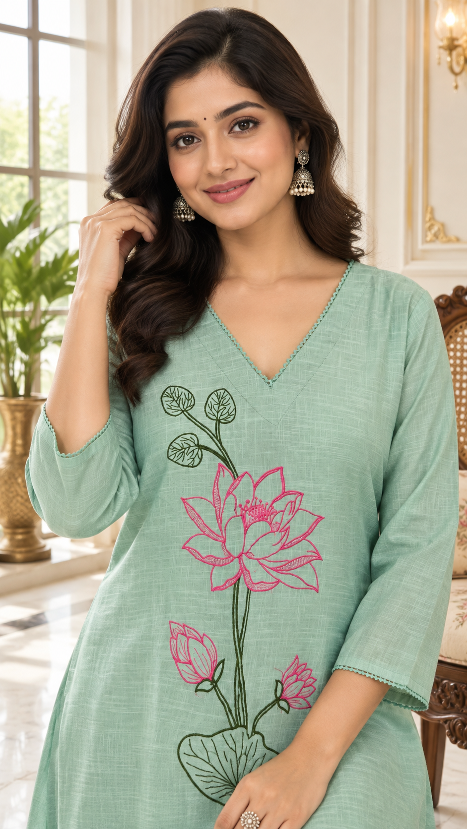 Green Embroidered Cotton kurta pant set for women - image 2