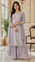 Women Lavender Hand Embroidered Tissue Sharara Set