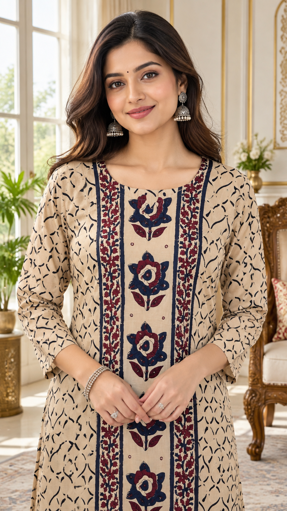 Beige Printed Cotton kurta pant dupatta set for women - image 2