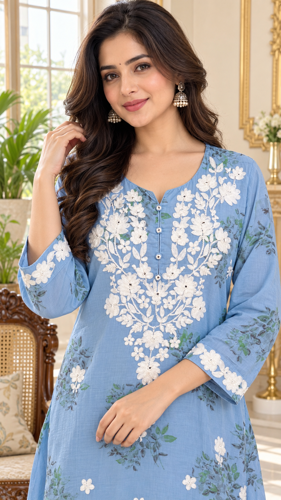 Blue Chikankari Cotton kurta pant dupatta set for women - image 2