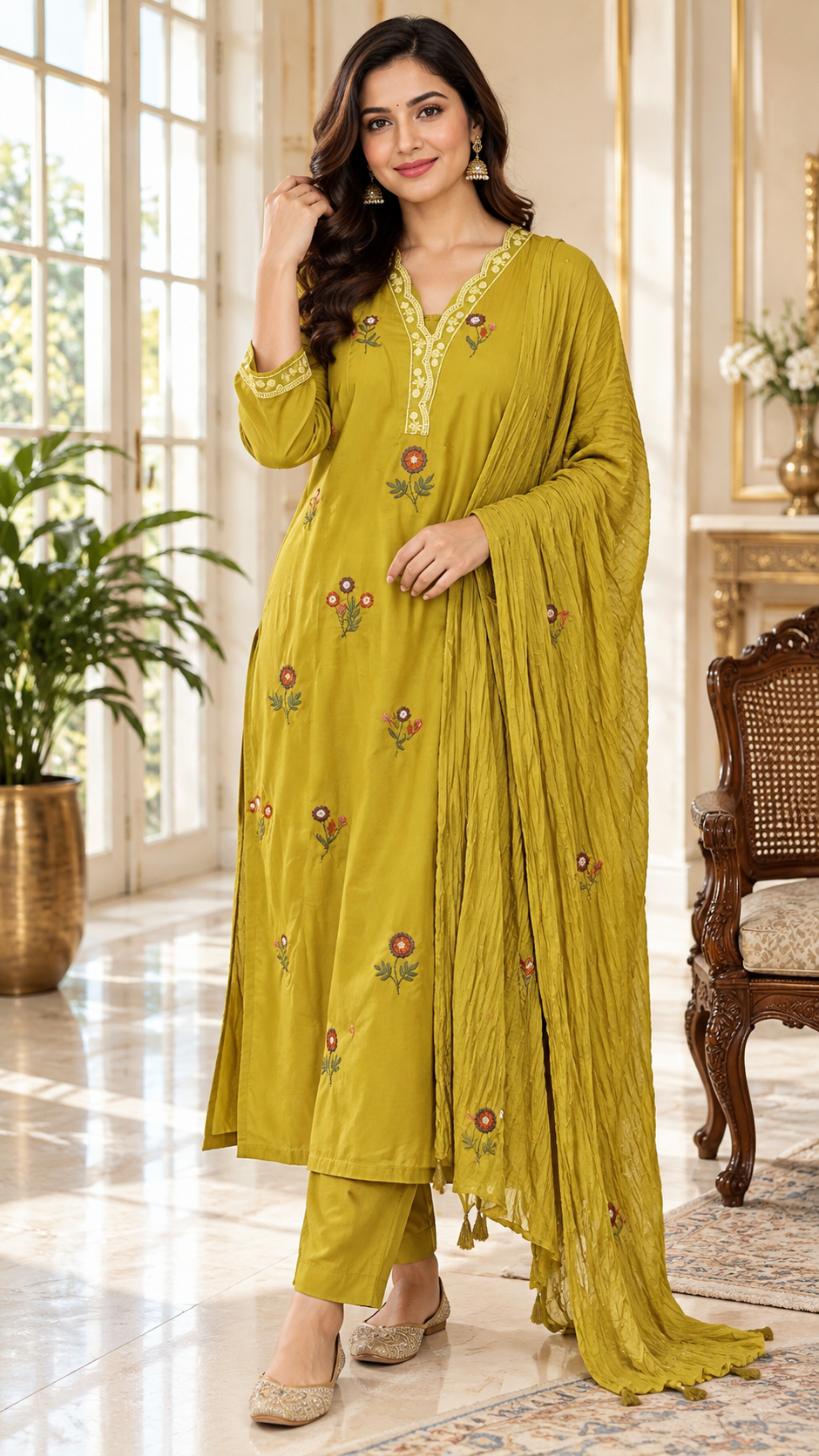 Mustard Yellow Embroidered Cotton kurta pant dupatta set for women - image 2