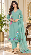 Green Embroidered Cotton kurta pant dupatta set for women - image 1