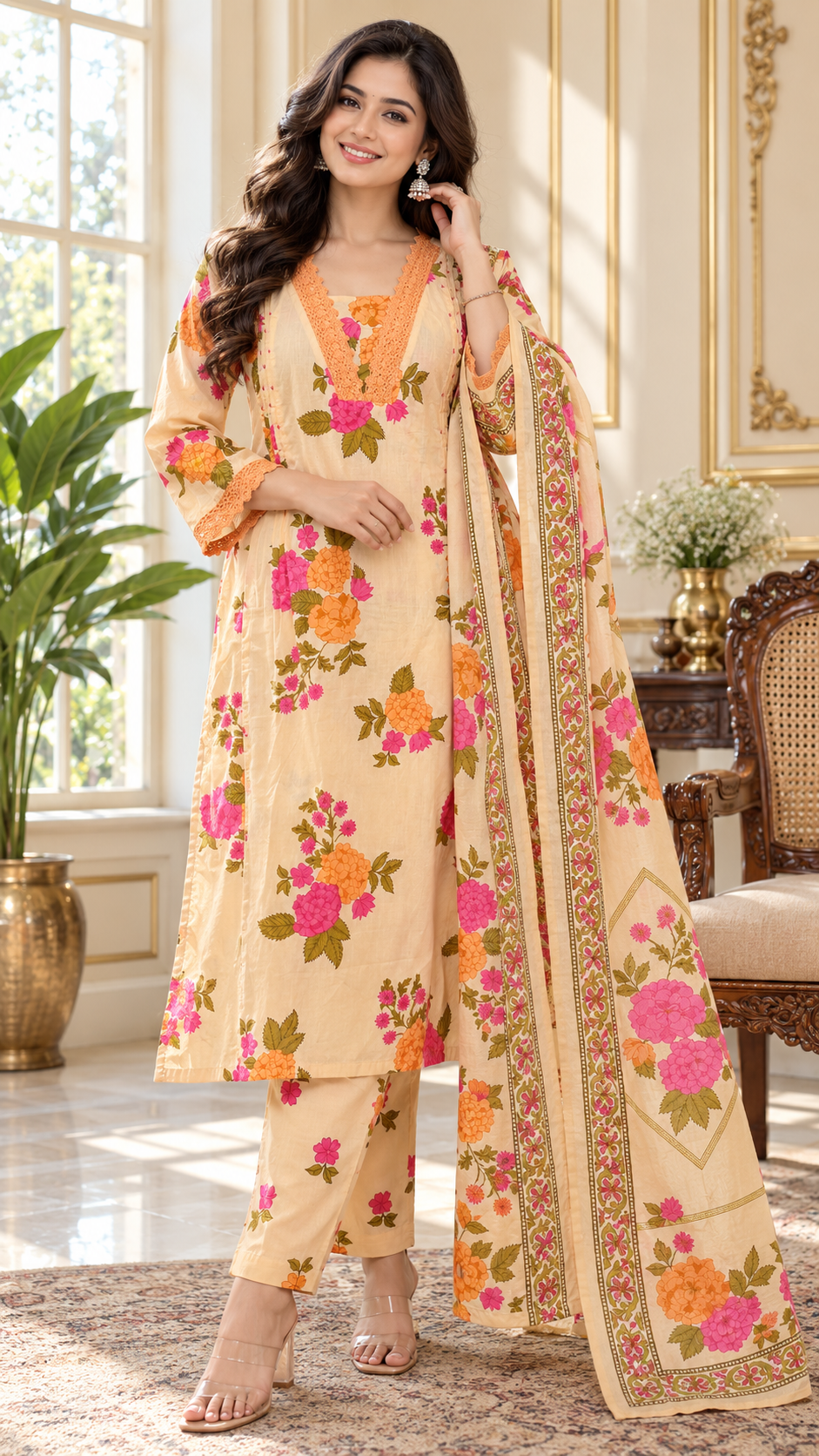 Orange Printed Cotton kurta pant dupatta set for women - image 2