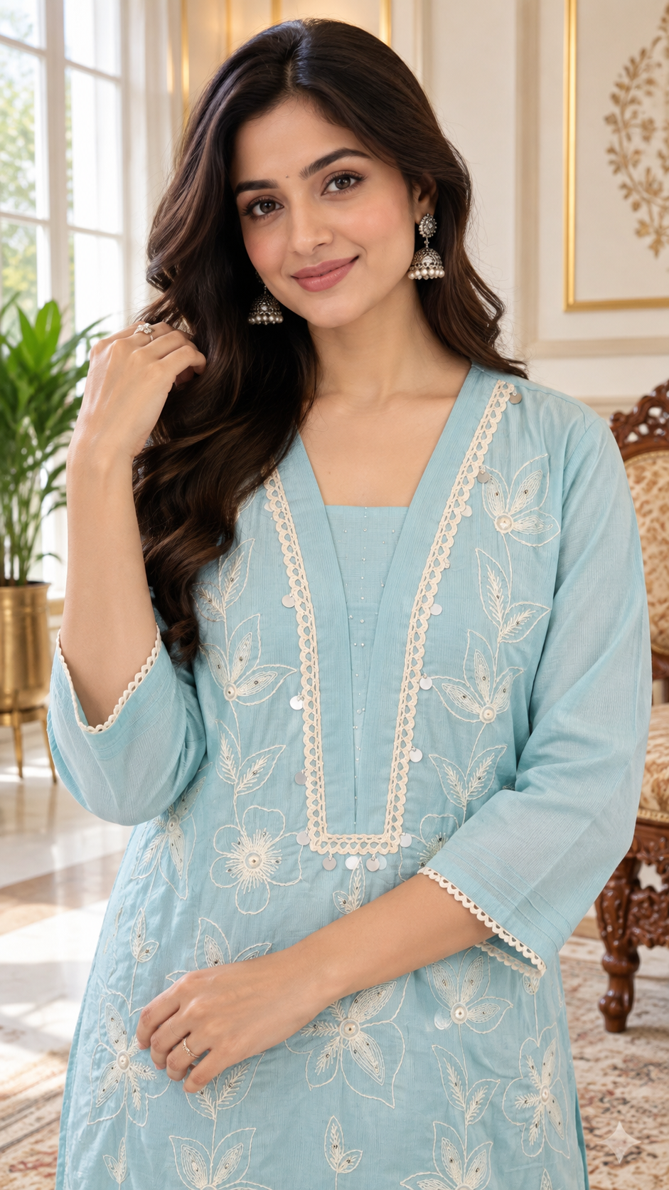 Sky Blue Embroidered Cotton kurta pant dupatta set for women - image 2