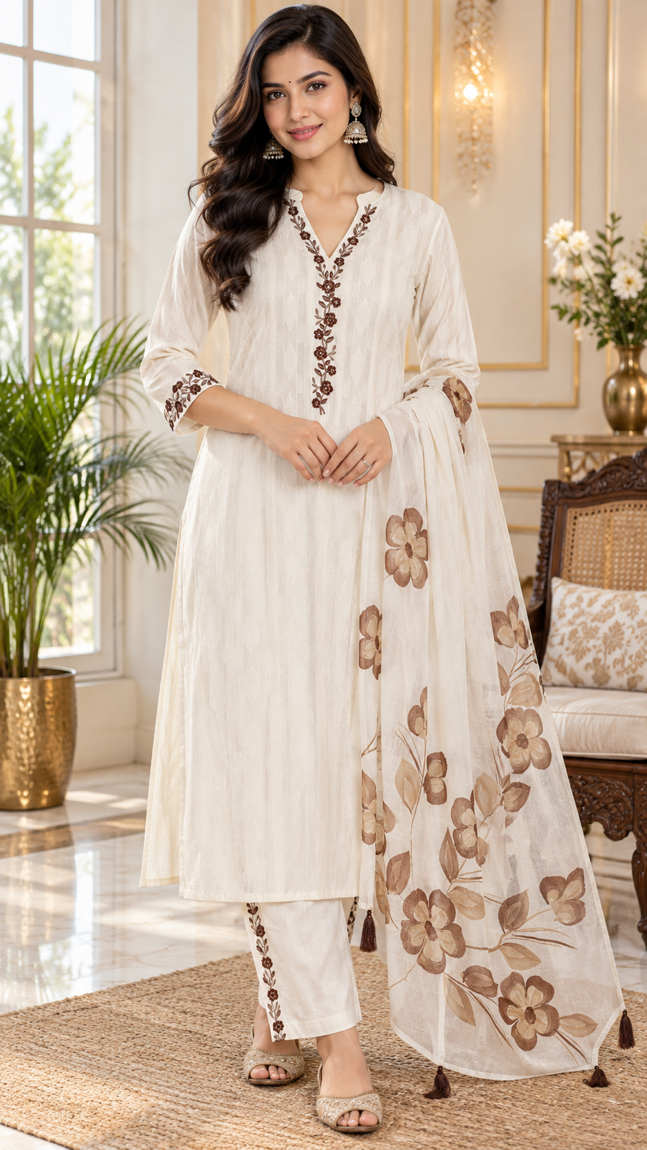White Embroidered Cotton kurta pant dupatta set for women - image 2