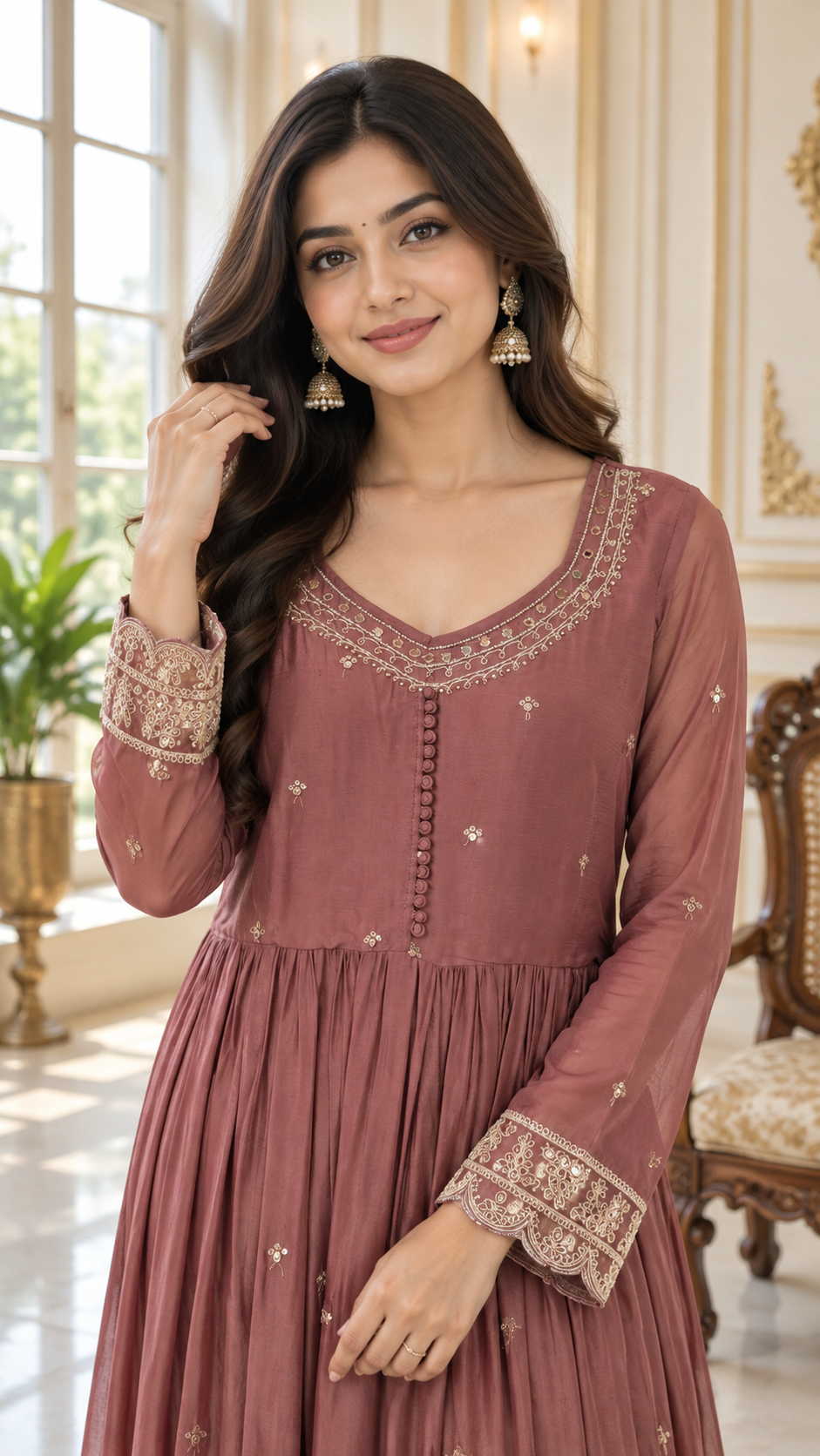 Brown Embroidered kurta pant dupatta set for women - image 1