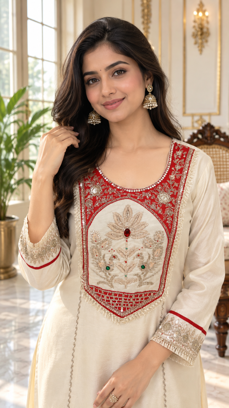 Beige Zari Work kurta pant dupatta set for women - image 1