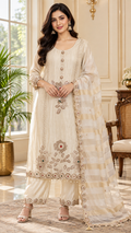 Beige Embroidered Silk kurta pant dupatta set for women - image 1