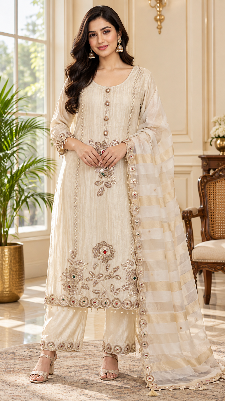 Beige Embroidered Silk kurta pant dupatta set for women - image 1