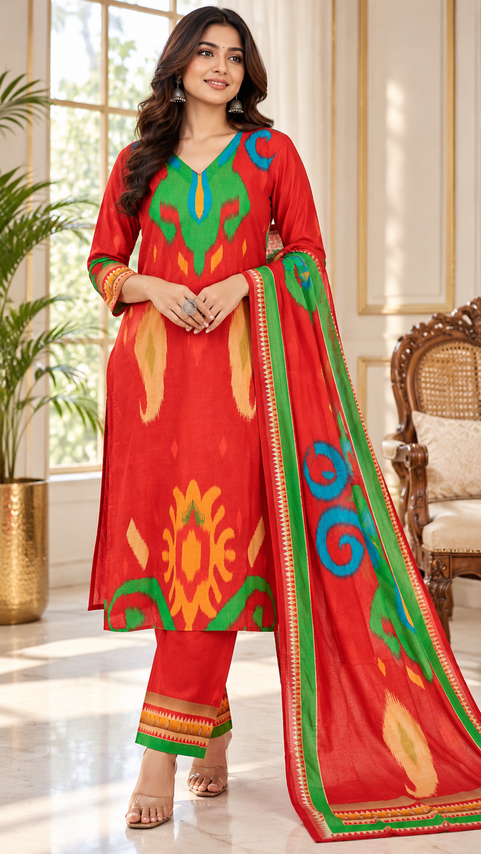 Red Printed Cotton kurta pant dupatta set for women - image 2