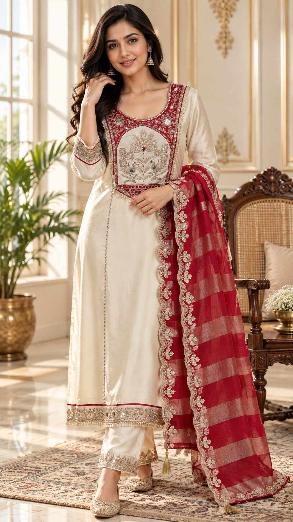 Beige Zari Work kurta pant dupatta set for women - image 2