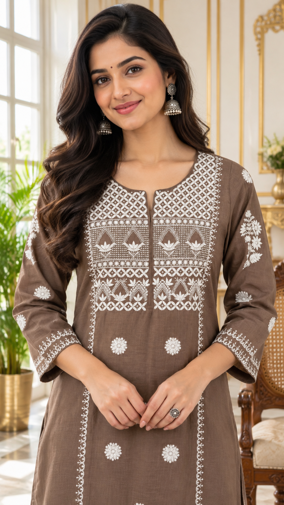 Brown Chikankari Cotton kurta pant dupatta set for women - image 2