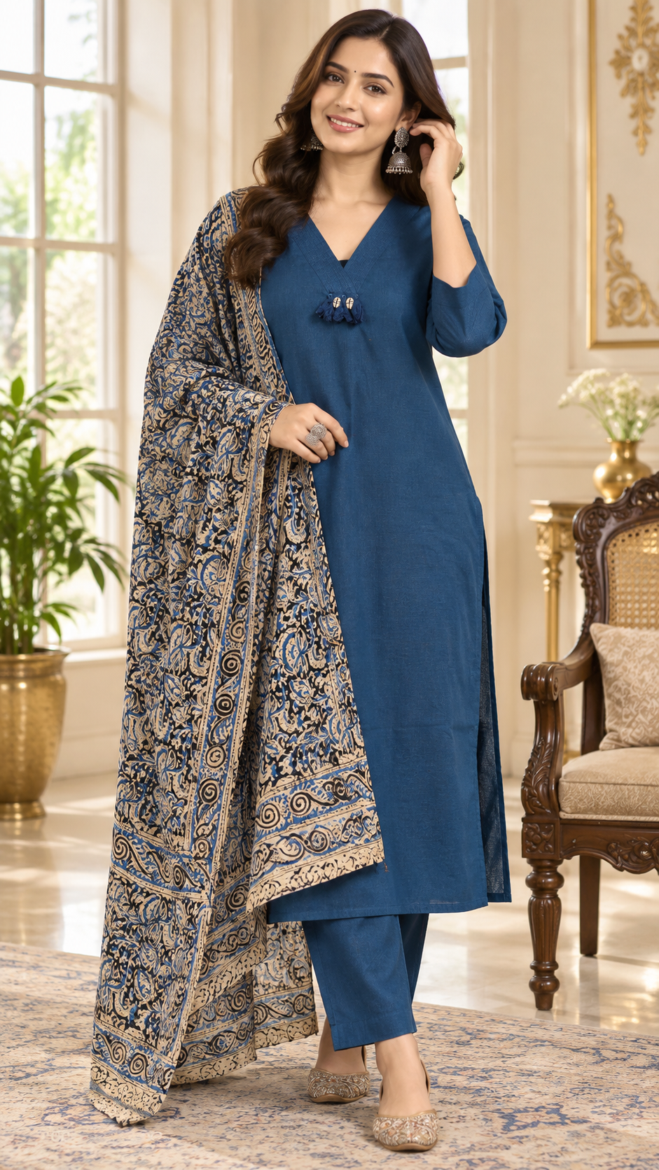 Blue Embroidered Cotton kurta pant dupatta set for women - image 2