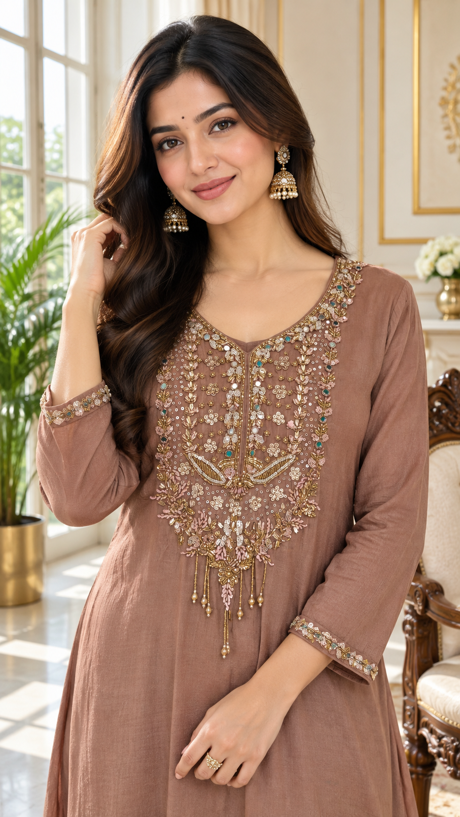 Gold Embroidered kurta pant dupatta set for women - image 2