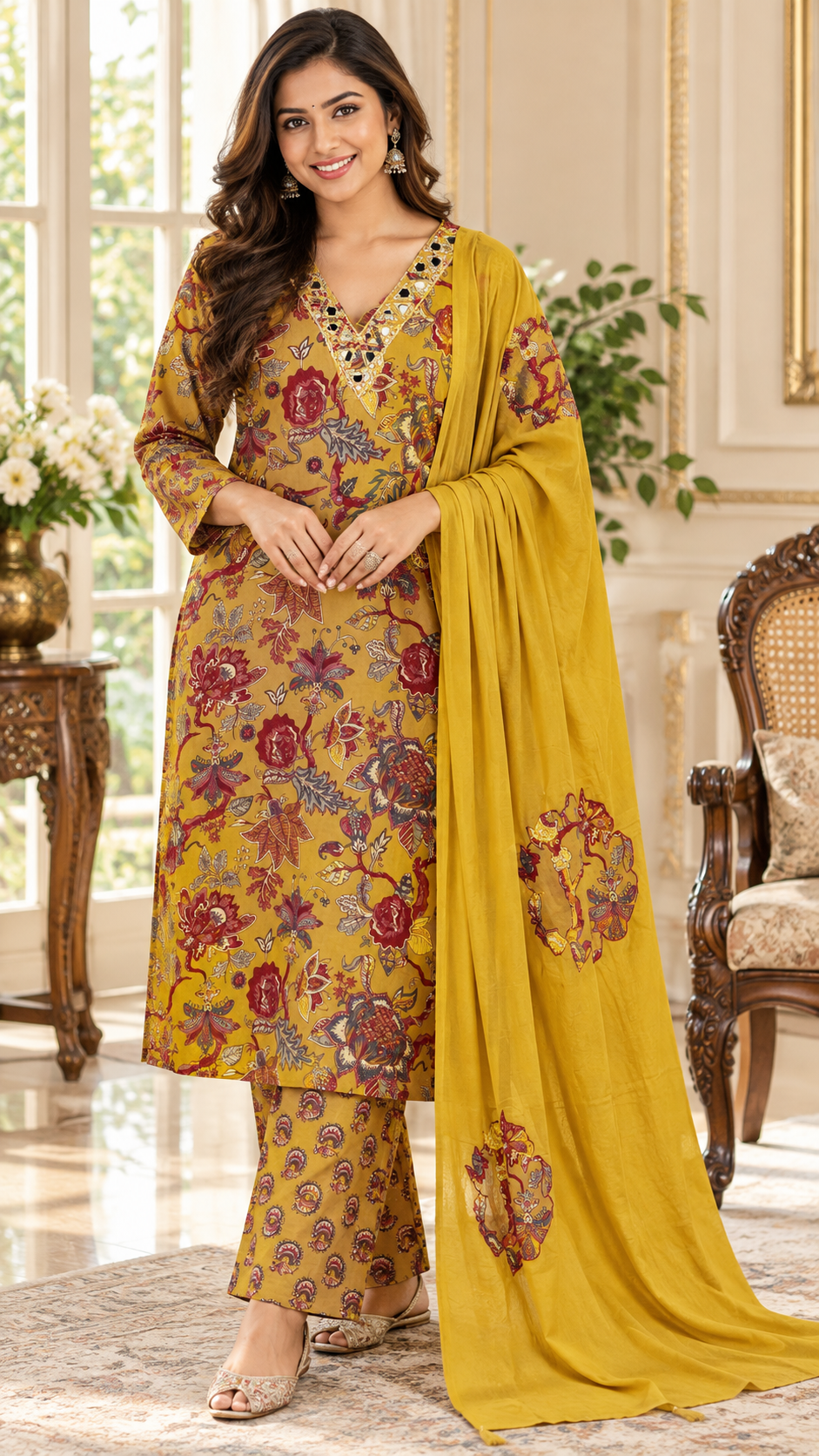 Mustard Yellow Mirror Work Cotton kurta pant dupatta set for women - image 2