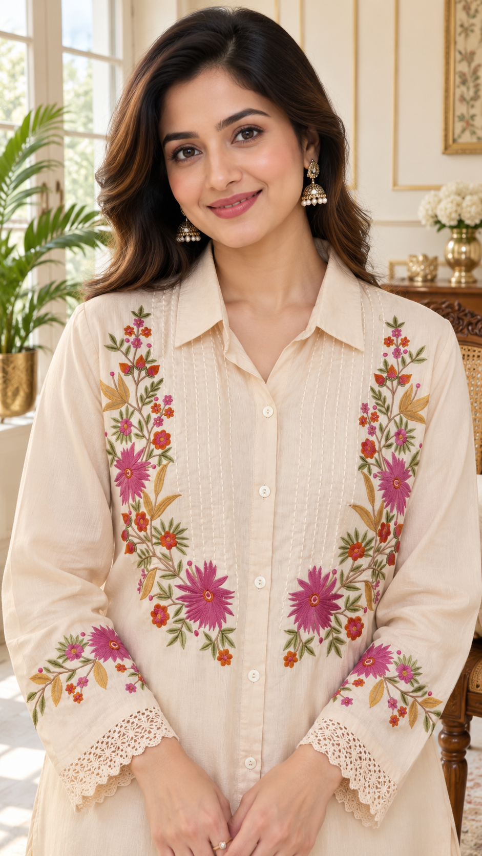 Beige Embroidered Cotton kurta pant set for women - image 2