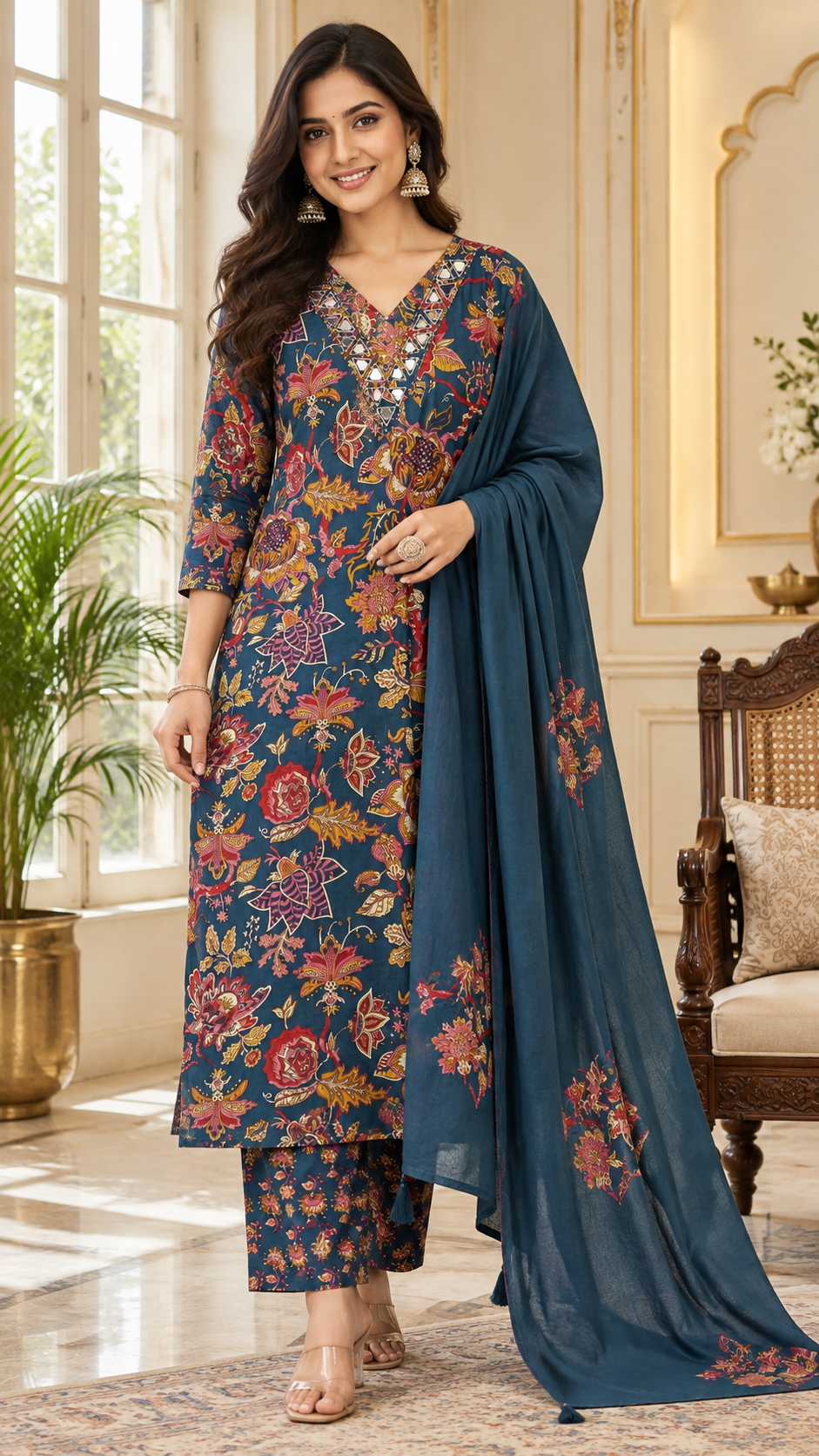 Blue Mirror Work Cotton kurta pant dupatta set for women - image 2