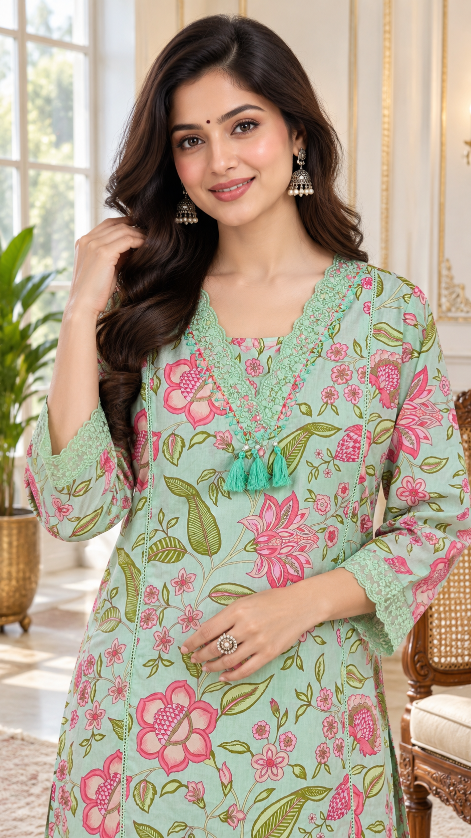 Multicolour Floral Printed Cotton kurta pant dupatta set for women - image 2