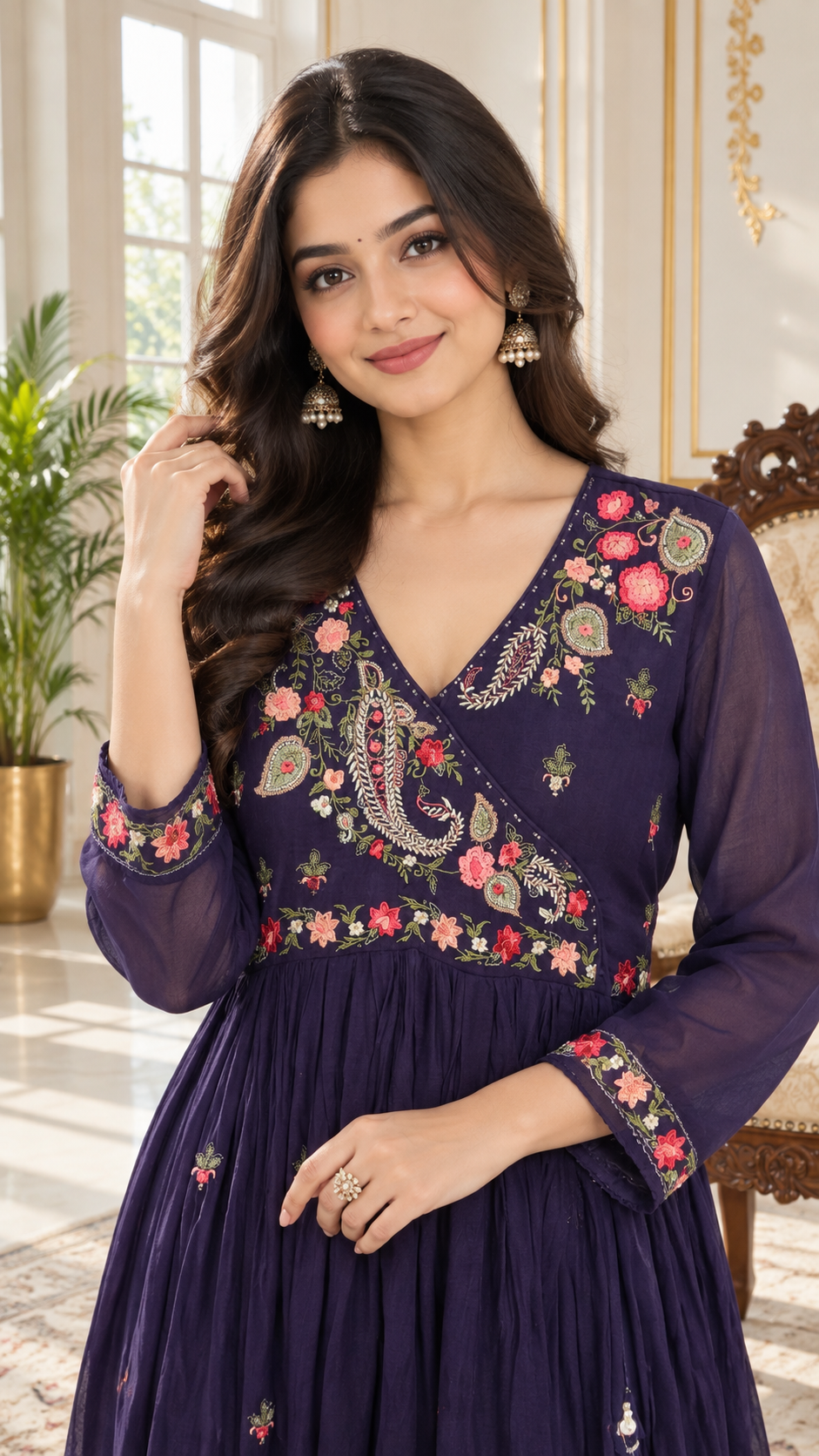 Purple Embroidered Cotton kurta pant dupatta set for women - image 2