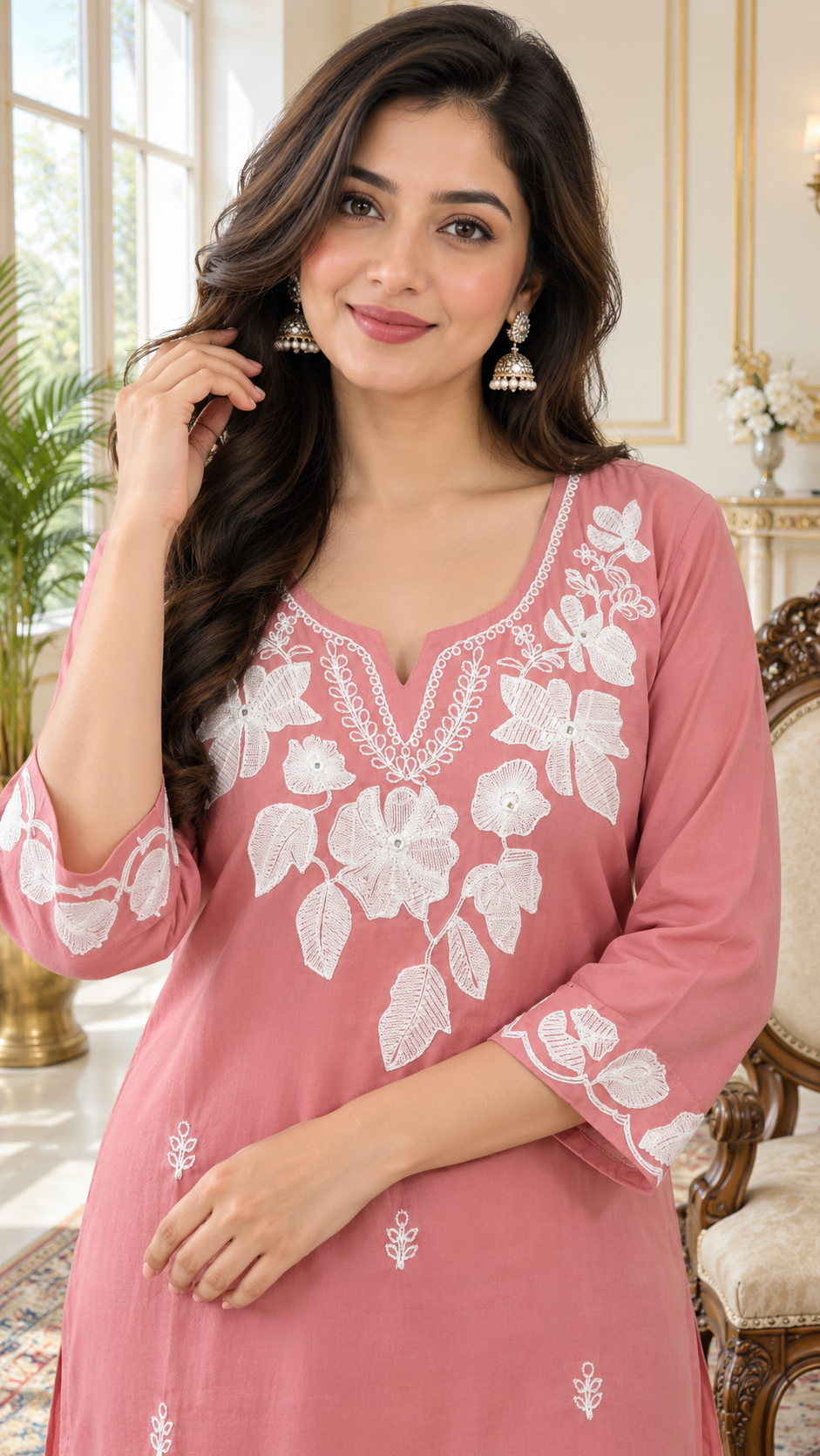 Pink Embroidered Cotton kurta pant dupatta set for women - image 2