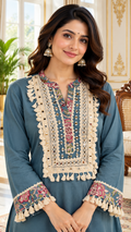 Women Blue Embroidered Cotton Kurta Pant Dupatta Set