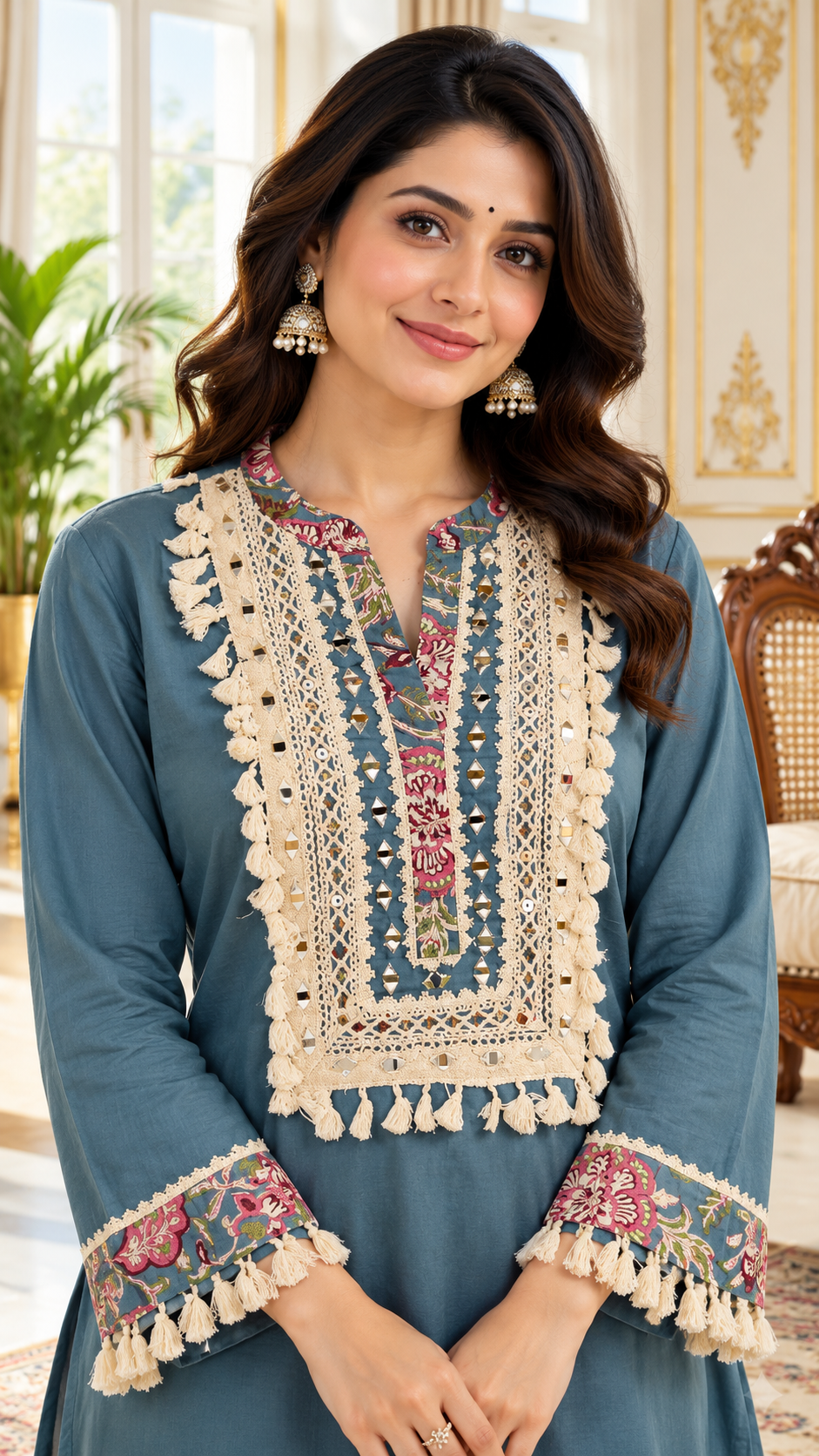 Women Blue Embroidered Cotton Kurta Pant Dupatta Set