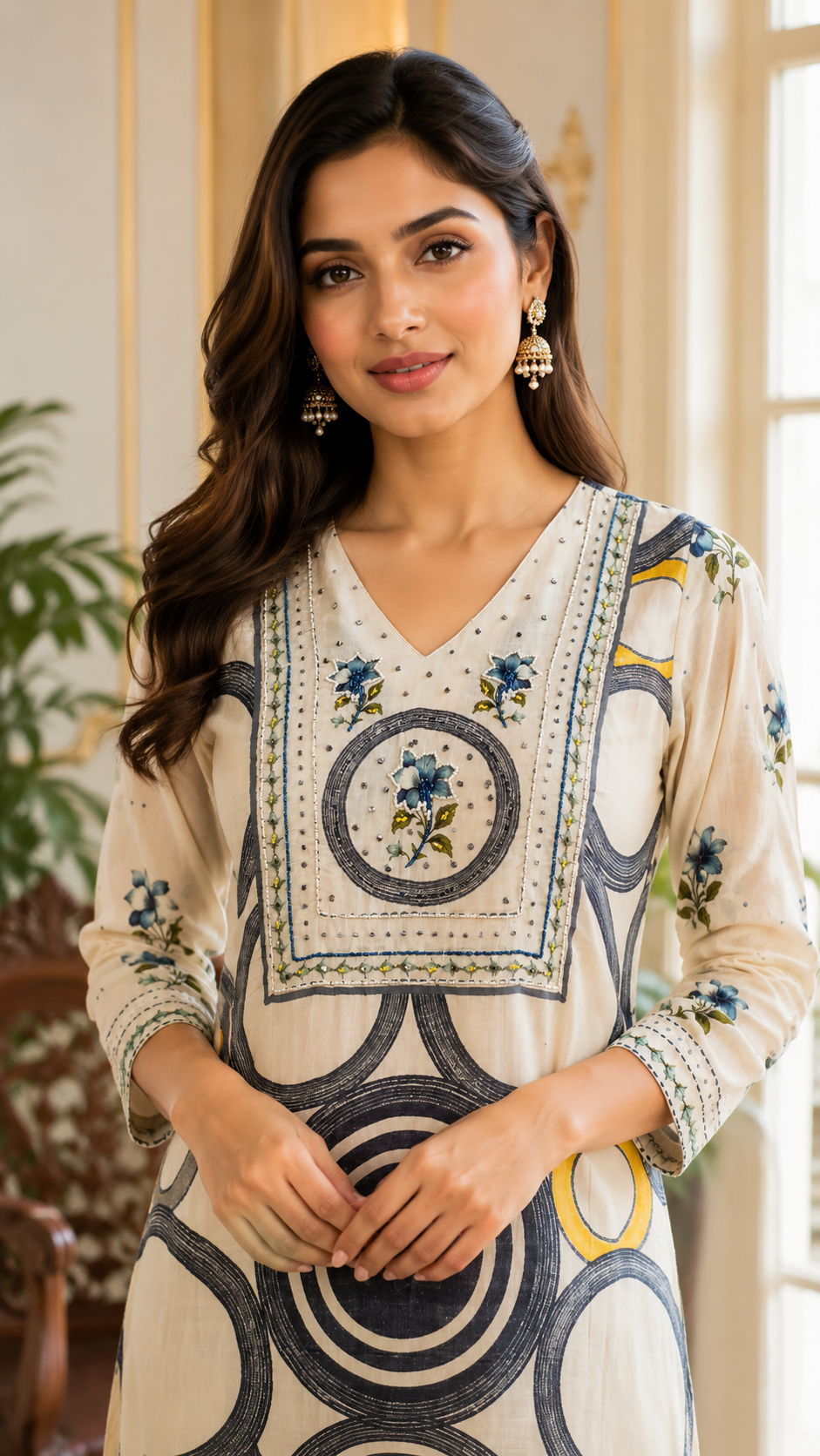 Women Beige Geometric Circle Print Blue Floral Bead Work Crepe Silk Kurta Pant Dupatta Set