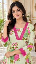 Green Floral Printed Cotton kurta pant dupatta set for women - image 1