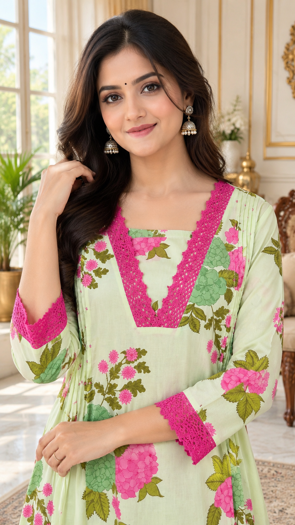 Green Floral Printed Cotton kurta pant dupatta set for women - image 1