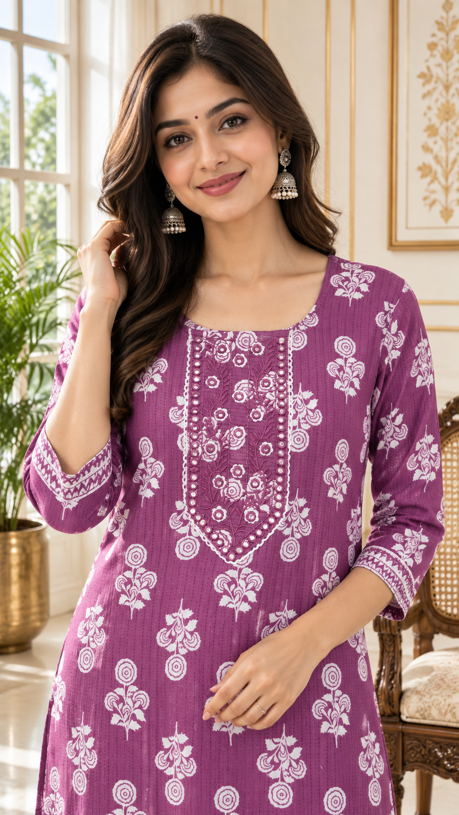 Purple Printed Cotton kurta pant dupatta set for women - image 2