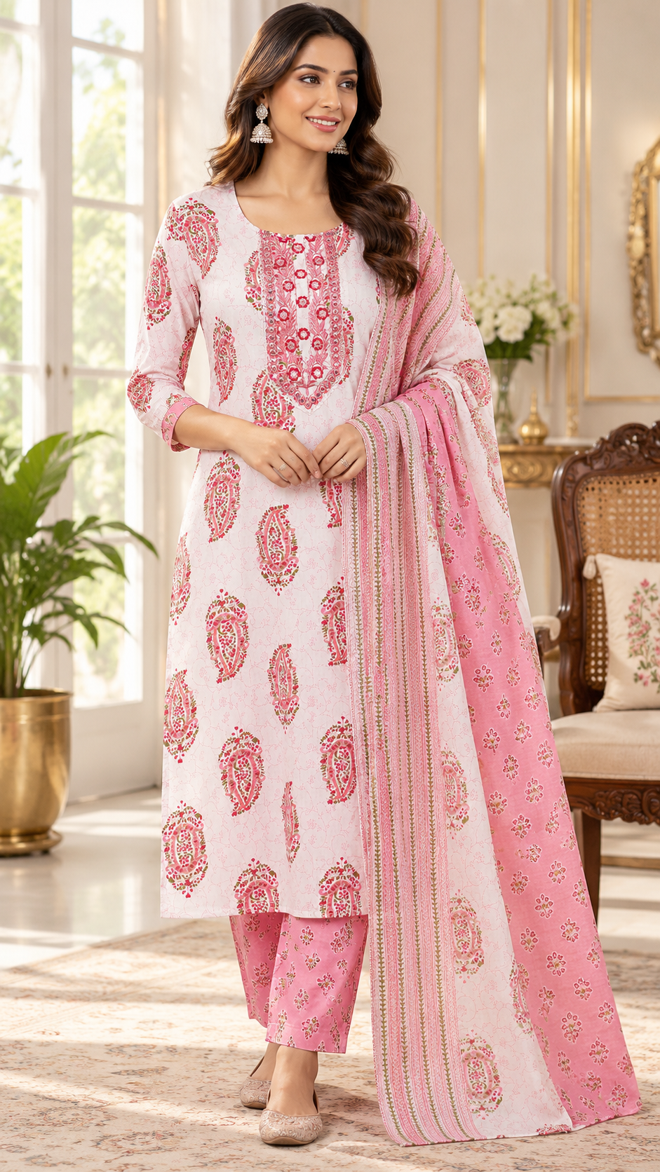 White Mirror Work Cotton kurta pant dupatta set for women - image 2