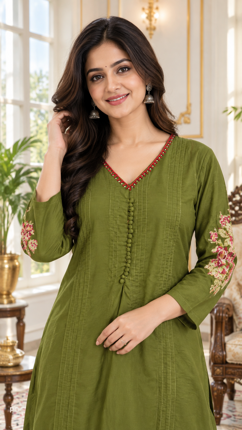 Green Embroidered Cotton kurta pant dupatta set for women - image 2