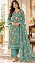 Green Embroidered Cotton kurta pant dupatta set for women - image 1